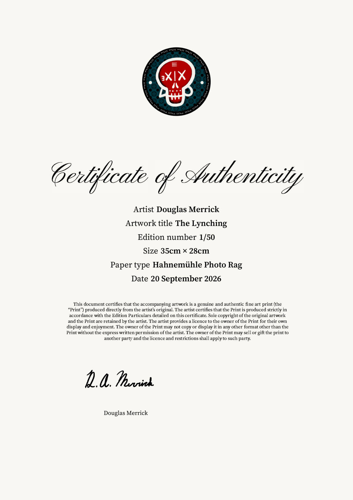 The Lynching — Certificate of Authenticity